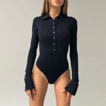 Load image into Gallery viewer, Spring Summer Fashion Sexy Black Tops Bodysuit Long Sleeve Snap Fastener Bodysuit Turndown Collar Skinny Bodys Streetwear Female  Amaijoin
