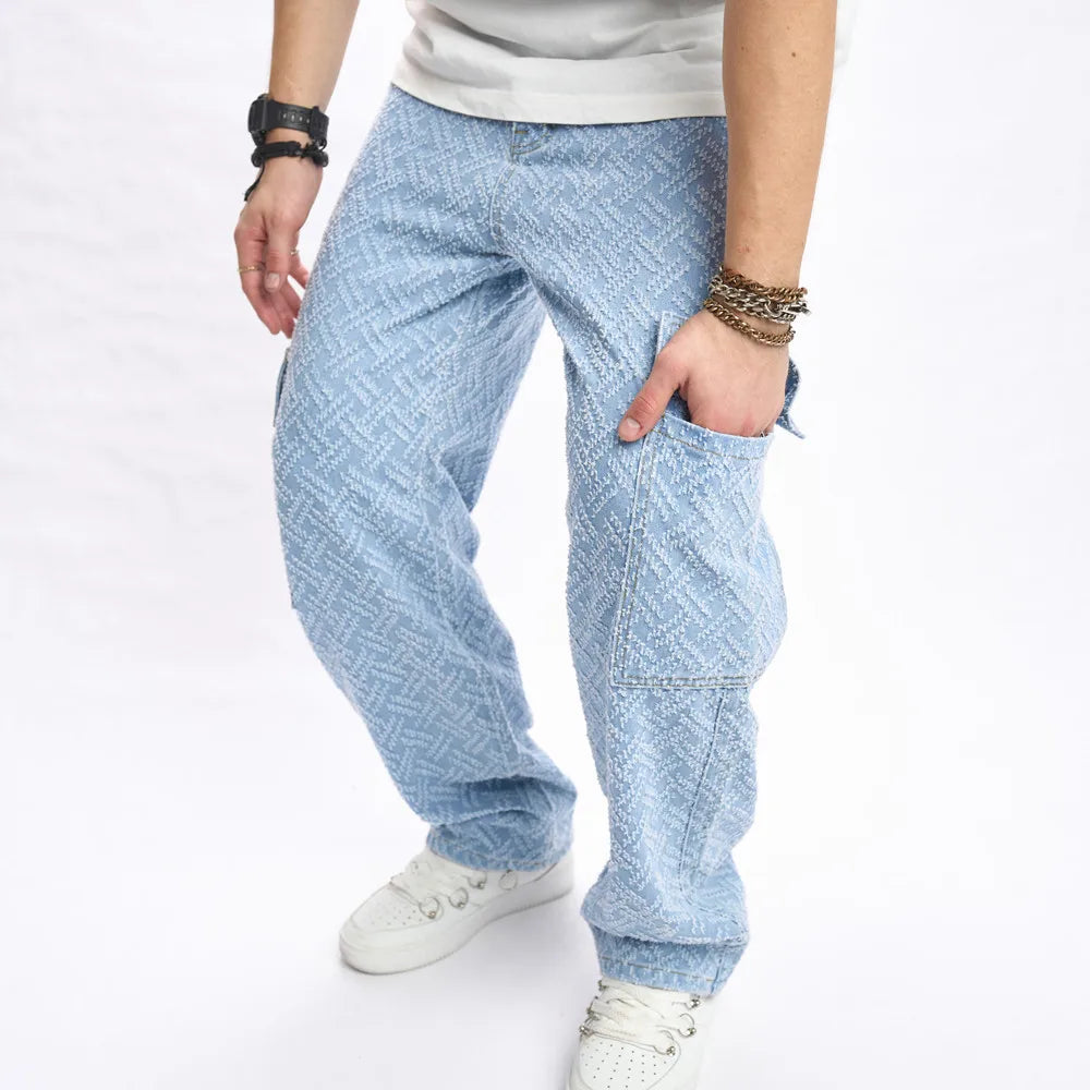 2023 Autumn Men Loose Multiple pockets Straight Jeans Male Trousers Streetwear Stylish Hip Hop Denim Pants  Amaijoin