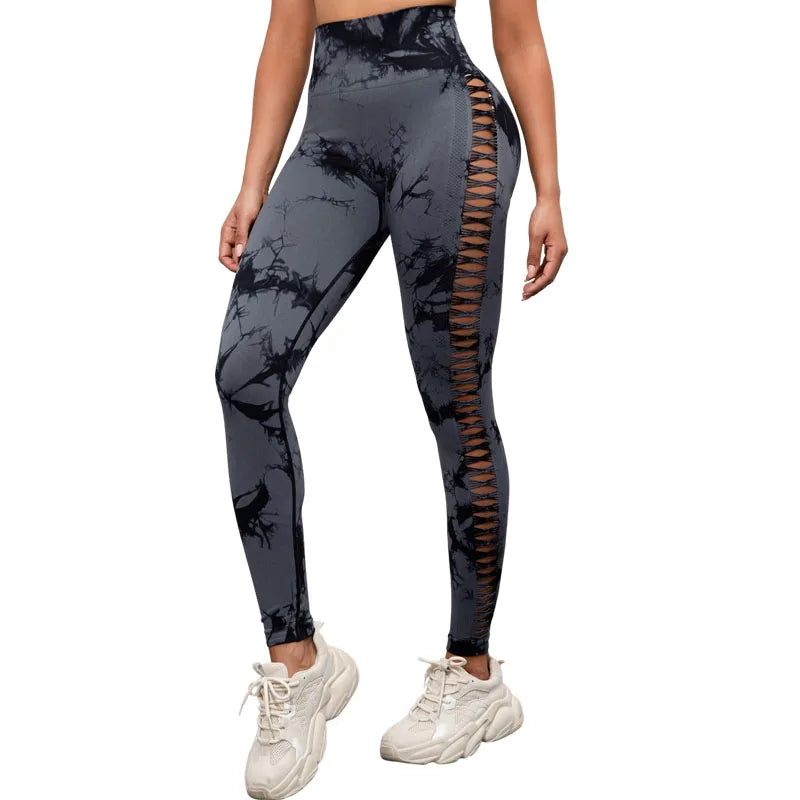 CHRLEISURE Sexy Hollow Tie Dye Yoga Pant Women Seamless Butt Lift Workout Leggings Gym Athletic Fitness Tights Activewear  Amaijoin