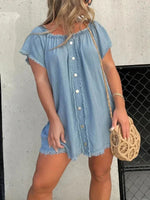 Load image into Gallery viewer, Fashion Waist Solid Party Dress Summer Sexy Off Shoulder Tassel Denim Dress Lady Slash-neck Short Sleeve Flim Jean Mini Dress  Amaijoin
