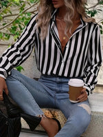 Load image into Gallery viewer, Women&#39;s Plus Size Long Sleeved Striped Printed Shirt with Lapel Buckle Casual Black and White Contrasting Striped Top Blouse  Amaijoin
