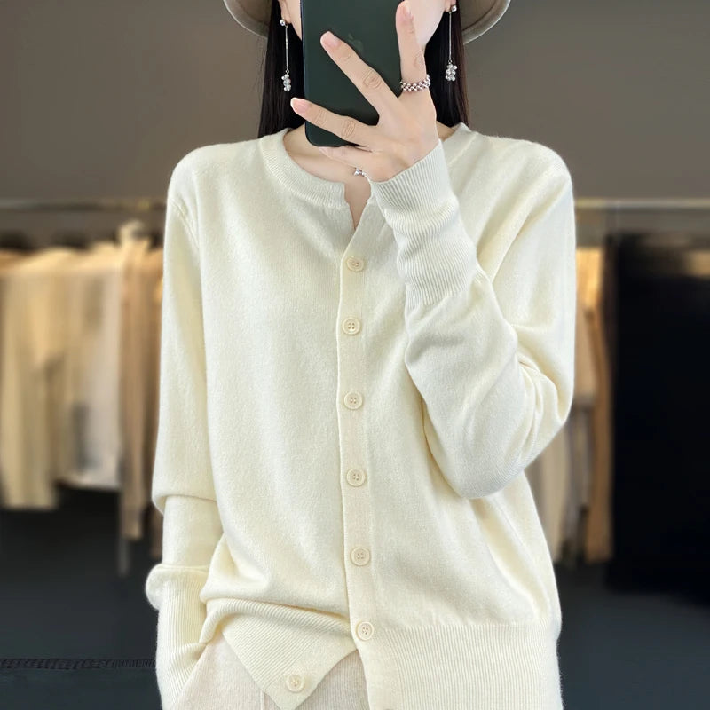 Autumn And Winter New Cashmere Cardigan Women Solid Color Sweater Loose O-Neck Knitted Cashmere Cardigan Sweater Women  Amaijoin