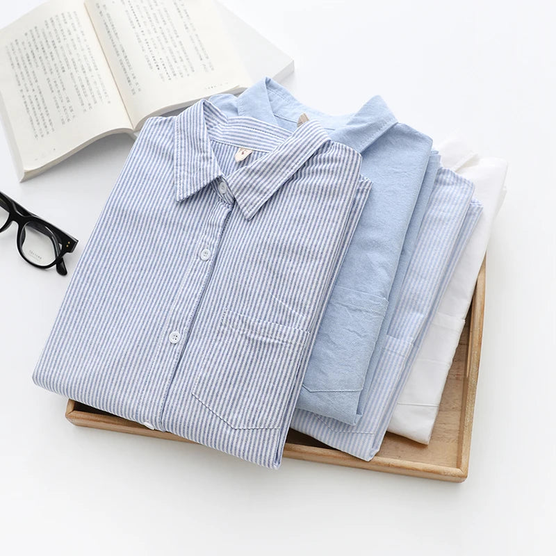 Women's Casual Cotton Oxford Shirt 2023 New Woman Striped Blouse and Tops Simple Solid Lady White Blue Shirts Clothes  Amaijoin