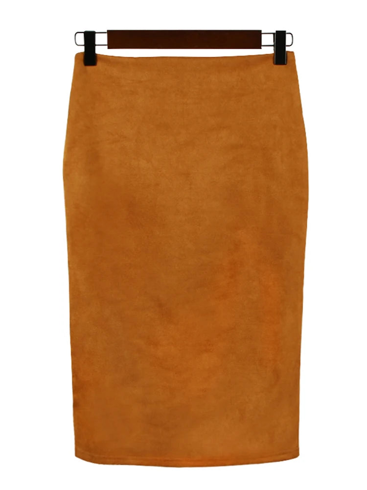 Sexy Multi Color Suede Midi Pencil Skirt Women Fashion Elastic High Waist Office Lady Bodycon Skirts Saias  Amaijoin