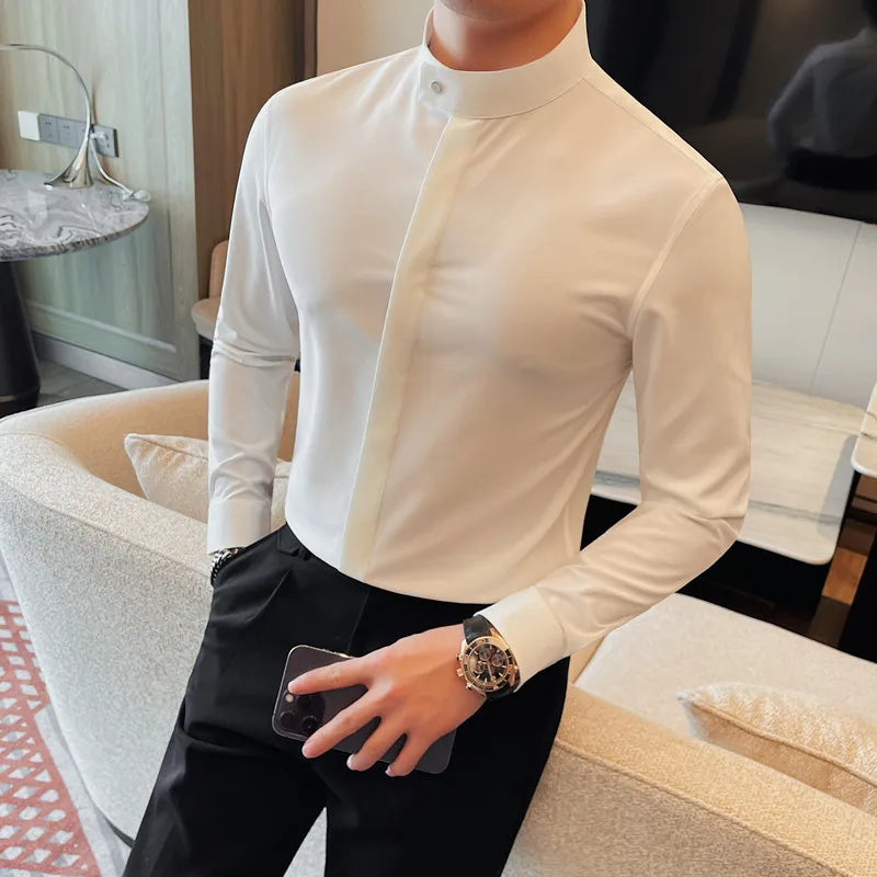 2024 Spring Stand Collar White Shirt for Men Long Sleeve Casual Business Dress Shirts Versatile Social Banquet Party Shirt M-4XL  Amaijoin