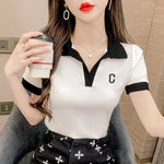 Load image into Gallery viewer, White Short Sleeve Tee Black Women&#39;s T Shirts Crop Top Clothes Polo Neck Shirt New Luxury V Aesthetic Sale Y2k Fashion Trend  Amaijoin
