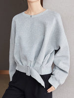 Load image into Gallery viewer, Stylish Grey Sweatshirts Autumn Winter Women Plain Long Sleeve Belt Waist Loose Casual Oversize Pullovers Korean Short Jumper  Amaijoin
