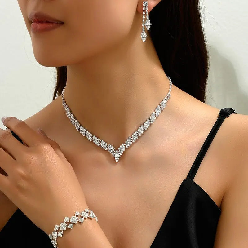 3 Pcs Bridal Jewelry Set Silver Plated Rhinestone Fold Clutch Bracelet Tassel Earrings Wedding Jewelry Gift Trendy Style  Amaijoin