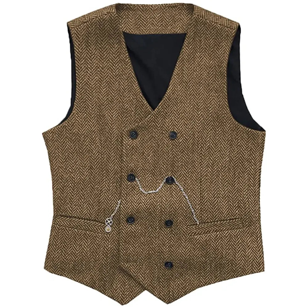 V Neck Men's  Suit Vests Herringbone Wool Tweed Double Breasted Waistcoat Tuxedo Groomsmen For  Wedding  Amaijoin