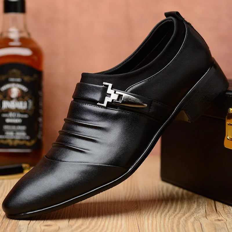 2023Classic Men Dress Shoes Slip on Black Leather Shoes for Men Plus Size Point Toe Business Casual Men Formal Shoes for Wedding  Amaijoin