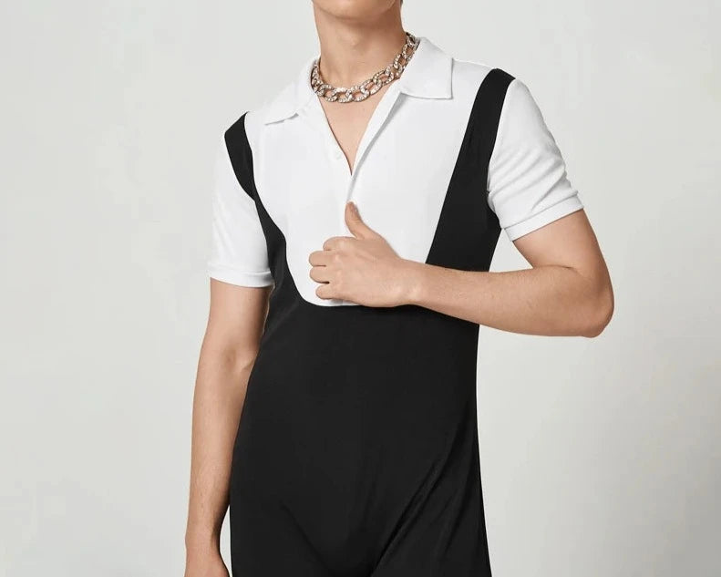 2023 Men Jumpsuits Patchwork Lapel Short Sleeve Fitness Fashion Casual Rompers Streetwear Leisure Men's Overalls S-5XL INCERUN  Amaijoin