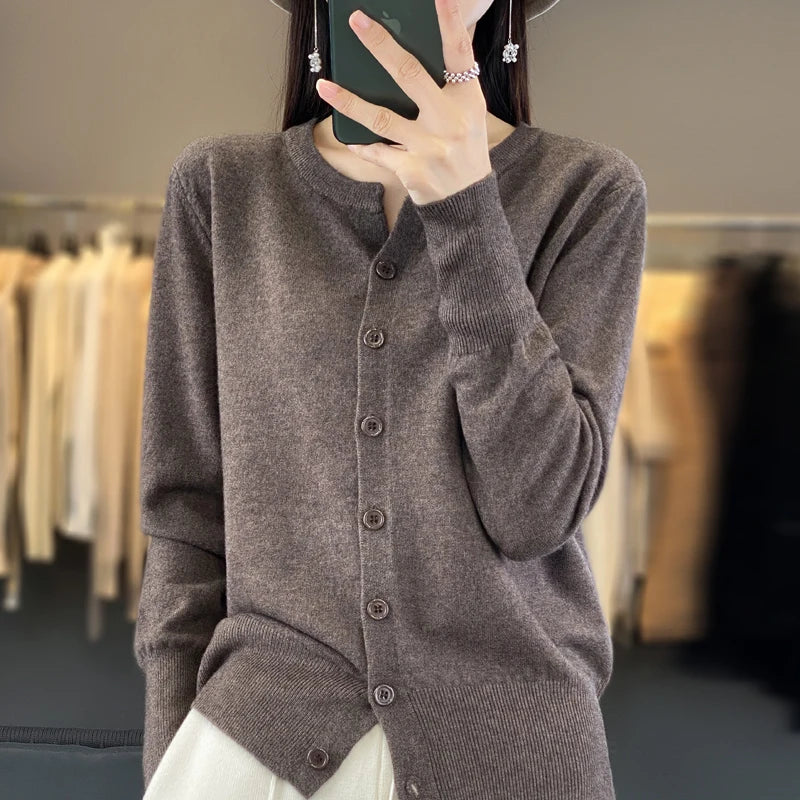 Autumn And Winter New Cashmere Cardigan Women Solid Color Sweater Loose O-Neck Knitted Cashmere Cardigan Sweater Women  Amaijoin