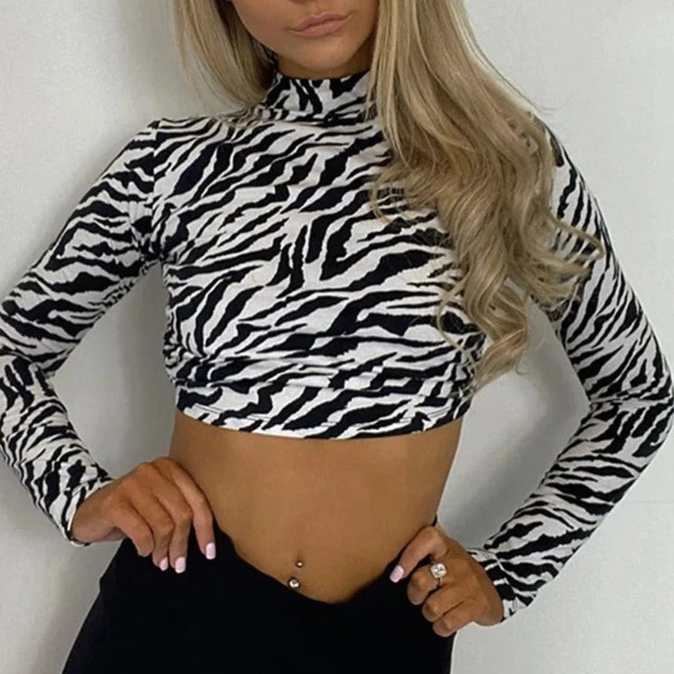 Animal Zebra Print Backless Cropped Tshirt Women Sexy Long Sleeve T-shirt Ladies Fashion Crop Tops Tees Streetwear  Amaijoin