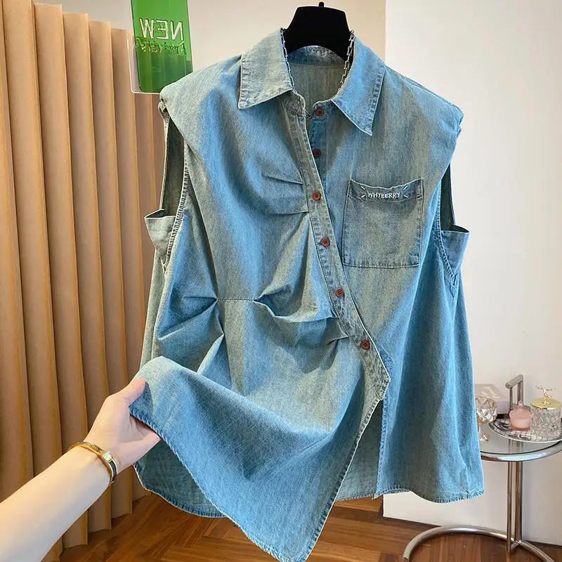 Women's Summer New Retro Patchwork Pocket Ruched Polo Collar Denim Vest Shirt Sleeveless Diagonal Button Solid Color Casual Tops  Amaijoin