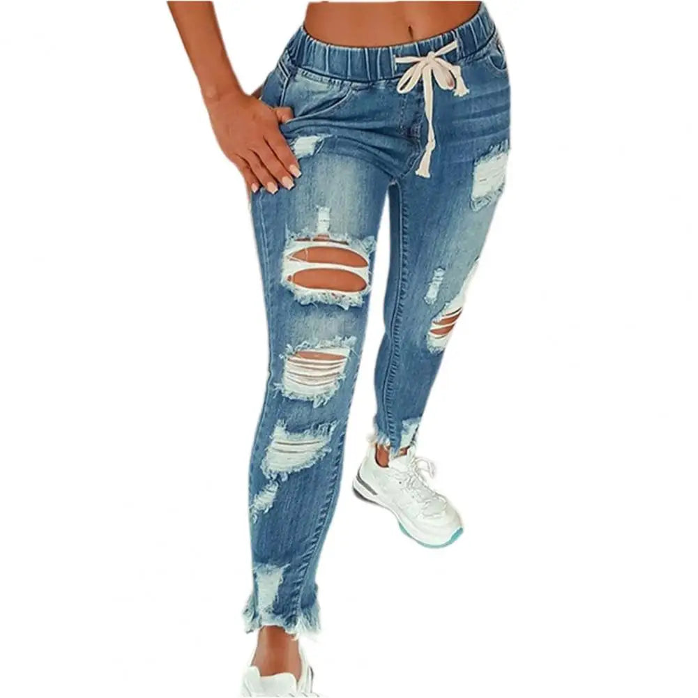 Popular Pencil Jeans Streetwear Women Jeans Slim Slim-fitting All Match Denim Pants  Elastic Waist  Amaijoin