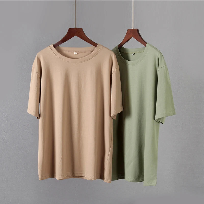 Hirsionsan 100% Cotton Oversized T Shirt Women Harajuku Basic Loose Short Sleeve Tees Soft Female Solid Tops Khaki Summer Jumper  Amaijoin