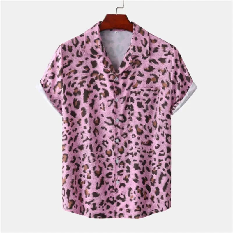 Summer 3D Leopard Print Shirts For Men Clothes Casual Vacation Short Sleeve Streetwear Button Clothing Mens Lapel Blouse Tops  Amaijoin