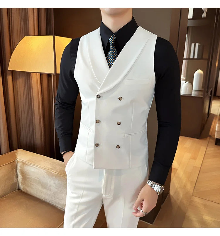 High Quality Double-Breasted Solid Mens Vest Coat Korean Style Business Slim Fit Male Waistcoat Groom Wedding Dress Suit Vests  Amaijoin