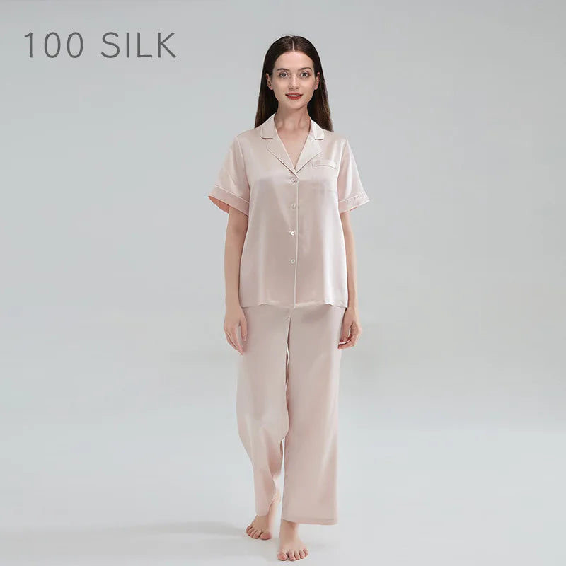 Birdtree 19MM 100%Real Silk Pajama Set Women's Solid Lapel Short Sleeve Long Pants Basic Comfortable Loungewear Spring S41146QD  Amaijoin