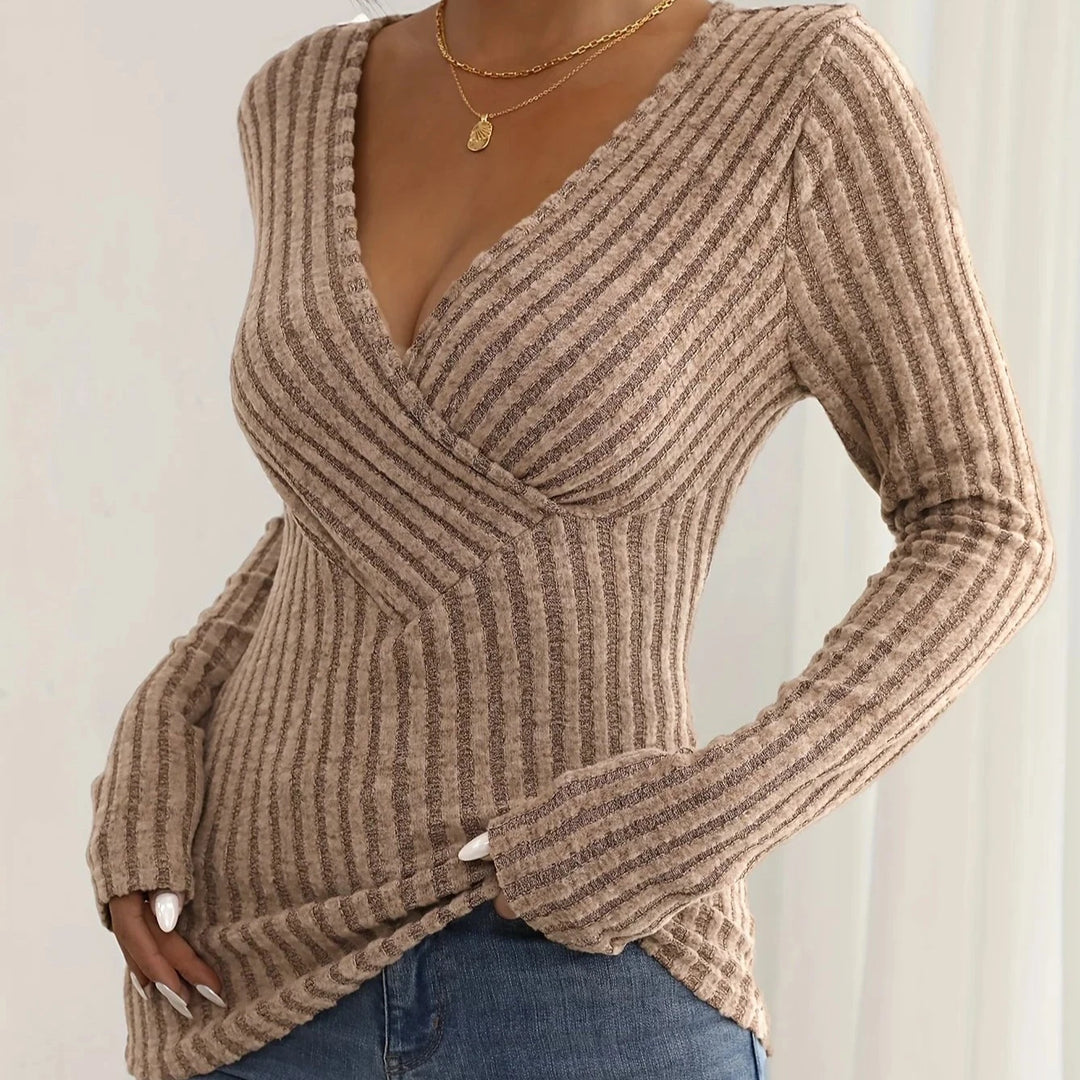 Autumn and winter sexy V-neck textured pit strip slim fit knitted long-sleeved women's T-shirt  Amaijoin