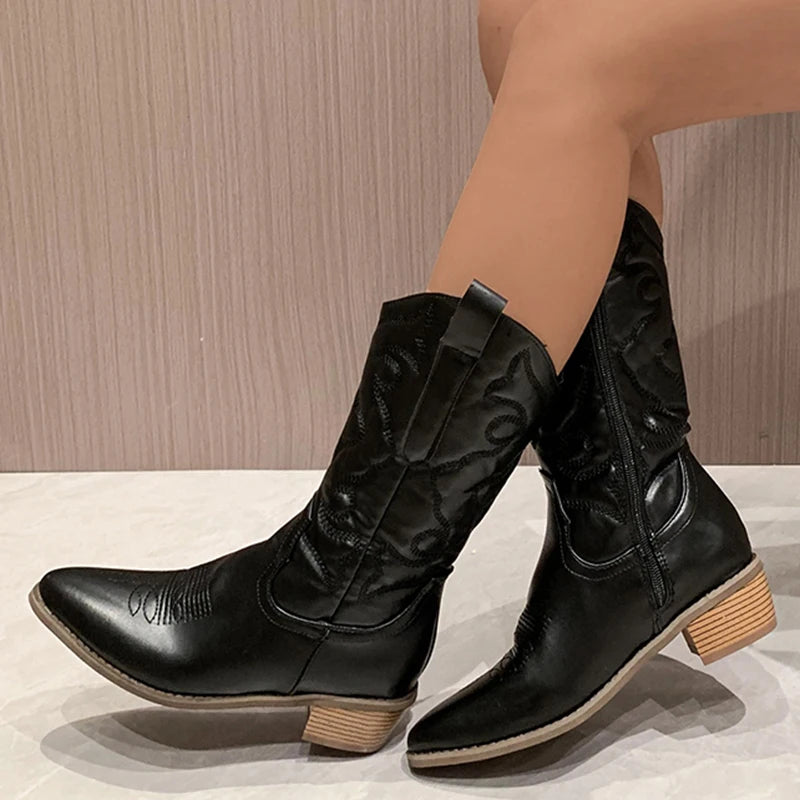 Gold Mid-calf Boots Woman Side Zipper Silver Pointed Western Cowboy Boots Retro Fashion Black Boots Plus Size 36-43 Women Boots  Amaijoin