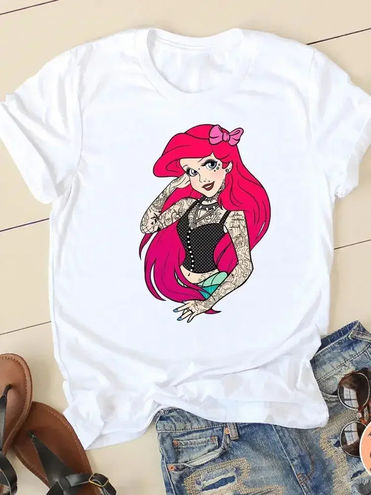 Women's T-shirt Short Sleeve Cartoon Graphic Casual Tee Clothes College 90s Style Interconnection Princess Fashion Female  Amaijoin