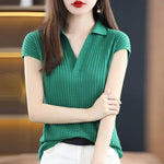 Load image into Gallery viewer, Women&#39;s T Shirts Clothes Black Top White Polo Neck Shirt Short Sleeve Tee Knit Green Aesthetic Offer Free Shipping Cute V New  Amaijoin
