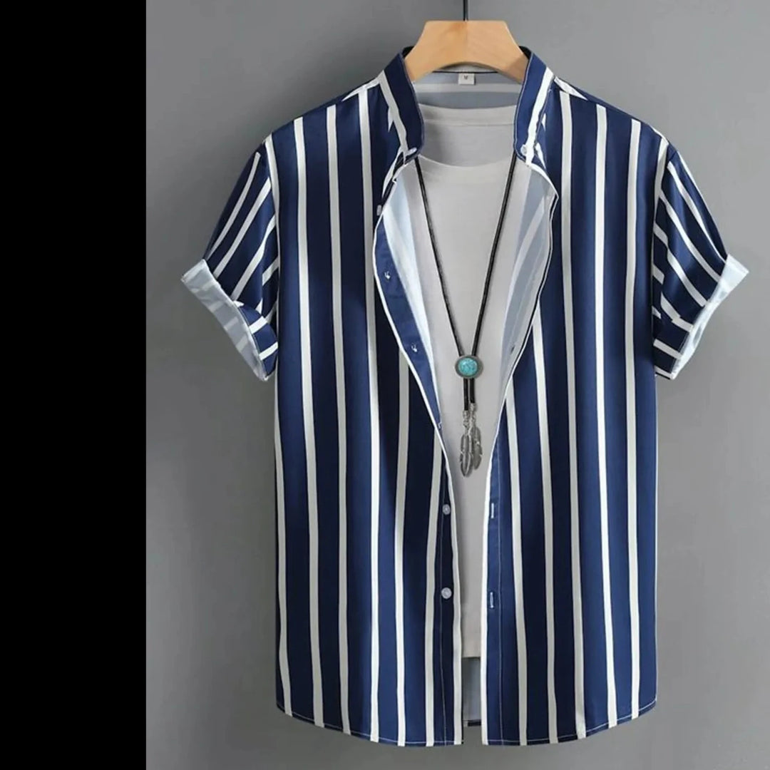 Men's Shirt Button Up Shirt Casual Shirt Summer Shirt Beach Shirt  Short Sleeve Striped Band Collar Hawaiian Clothing Fashion  Amaijoin