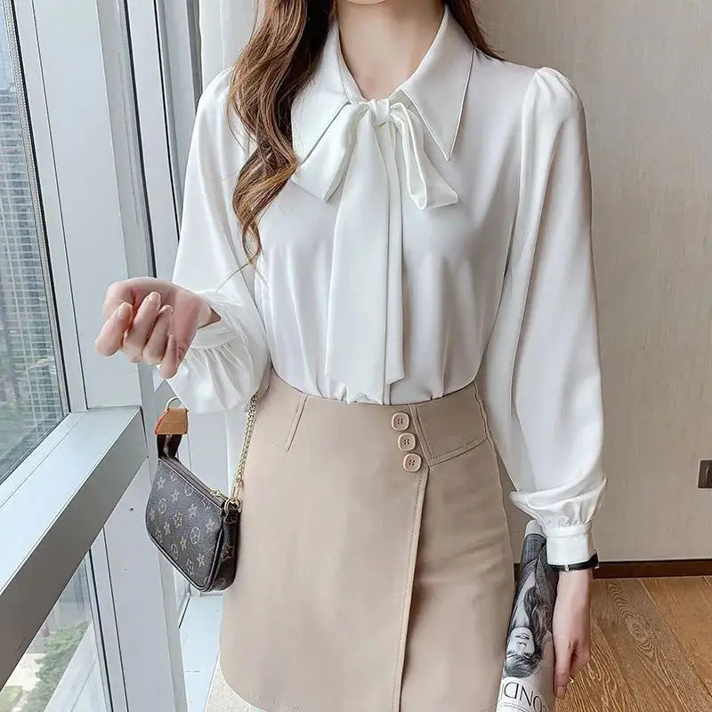 2023 New Autumn Fashion Solid Color Bow Chiffon Shirt Bubble Sleeve Temperament Commuter Professional Women's Casual Shirt  Amaijoin