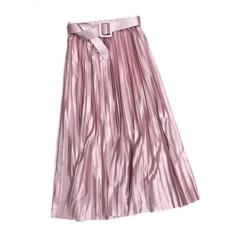 2024 New High Waist Elegant Stain Women's Pleated Skirts with Belted Solid Skirts Mi-long Umbrella Skirt Spring Summer  Amaijoin