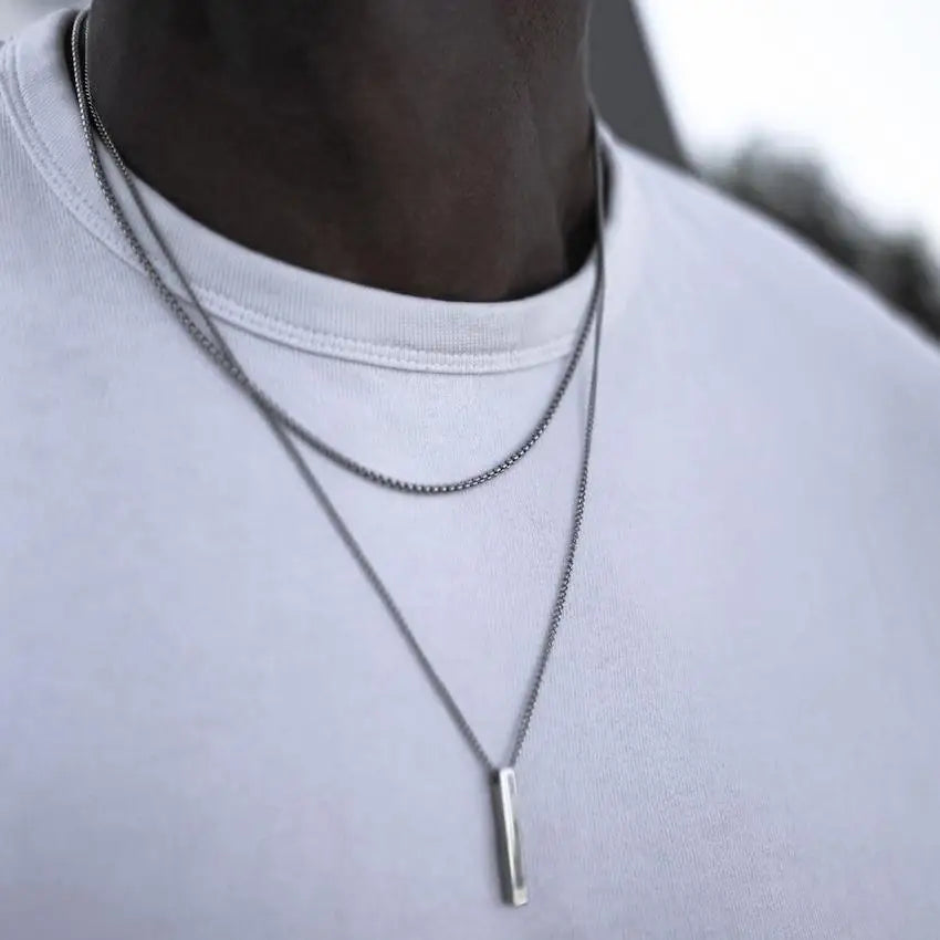 Vnox 3D Vertical Bar Necklaces for Men, Layering Stainless Steel Geometric Pendant, Layered Wheat Rope Cuban Chain, Boy Collar  Amaijoin