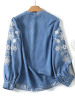 Load image into Gallery viewer, Streetwear 2024 New Floral embroidery shirt for women Denim blouse High quality O-neck Long Puff sleeve tops Autumn INKEO 4T058  Amaijoin
