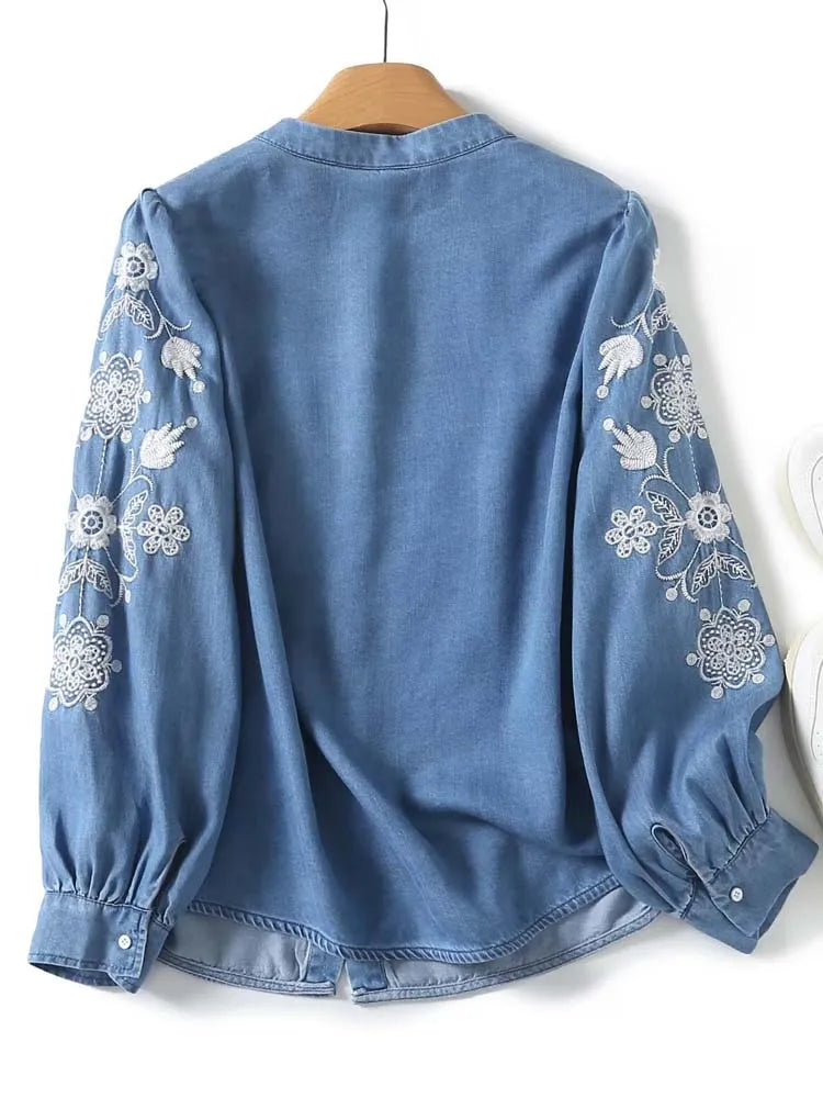 Streetwear 2024 New Floral embroidery shirt for women Denim blouse High quality O-neck Long Puff sleeve tops Autumn INKEO 4T058  Amaijoin