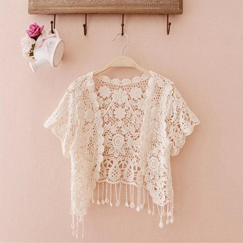 Womens Summer Short Sleeve Tassels Lace Cardigan Floral Crochet Beach Cover Up Shrugs Open Front Crop Jackets N7YD  Amaijoin