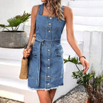 Load image into Gallery viewer, Square Neck Sleeveless Frayed Hem Belted Denim Dress Women Button Front Tank Sundress Female Casual Mini Jeans Dresses  Amaijoin
