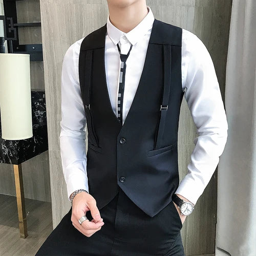 Brand Strap Decorative Vest Men Casual Sleeveless Vests Slim Fit Prom Party Disco Waiter Nightclub Dress Vest Tuxedo Gilet Homme  Amaijoin