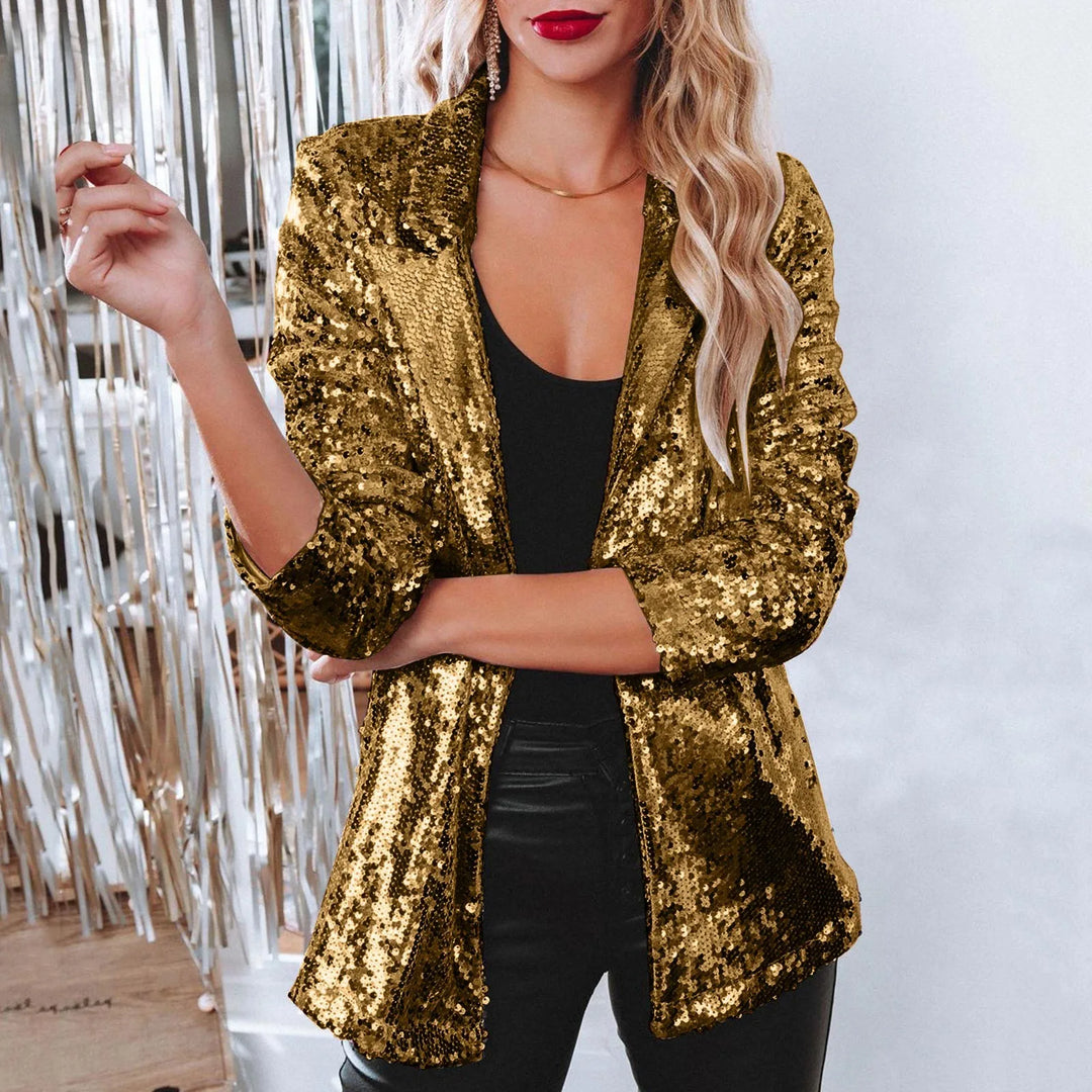 Women Sequins Sequin Jacket Casual Long Sleeve Glitter Party Shiny Lapel Coat Vintage Lapel Sequins Jackets Club Party Wear  Amaijoin