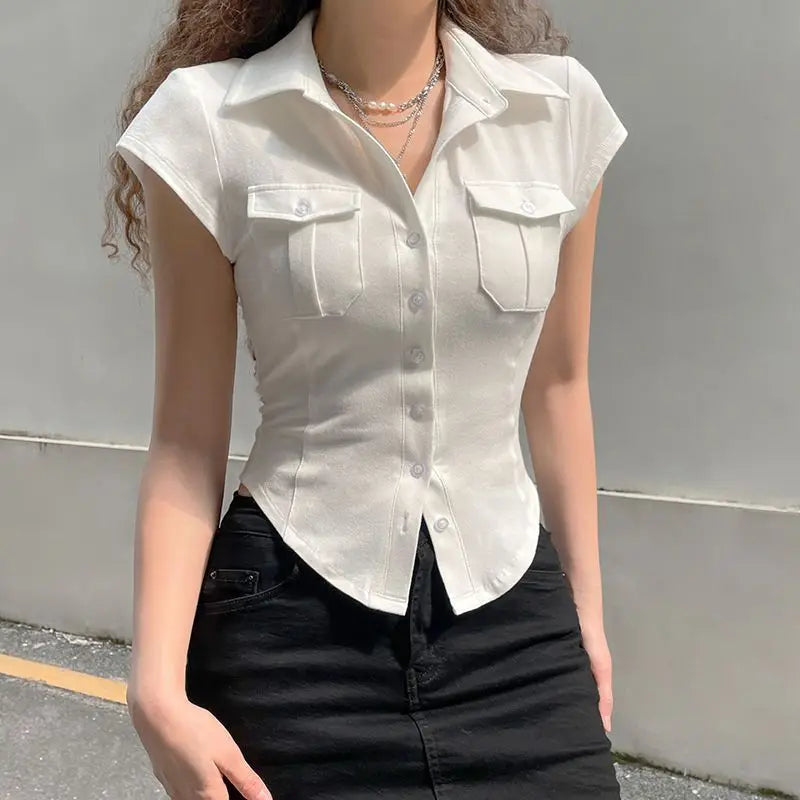 Skinny Uniform Short Sleeve Shirts Women Korean Turndown Collar Pockets White T-Shirt Slim Fit Single-Breasted OL Woman Clothes  Amaijoin