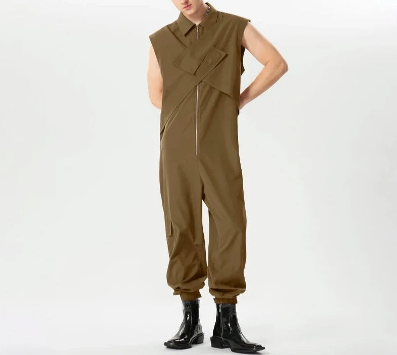 2024 Men Jumpsuits Solid Color Lapel Sleeveless Zipper Streetwear Casual Male Rompers Loose Fashion Cargo Overalls S-5XL INCERUN  Amaijoin