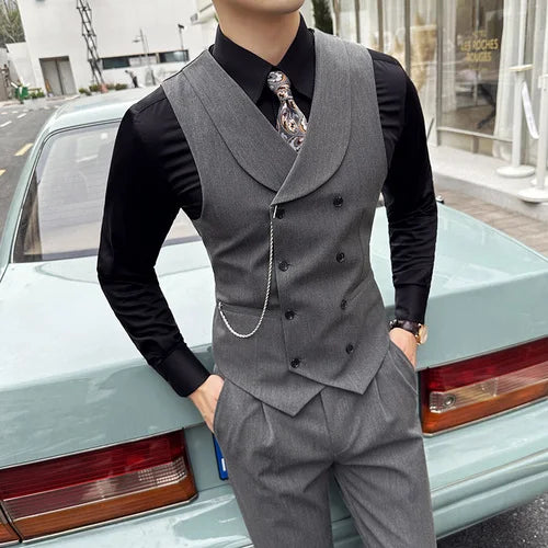 High Quality Autumn Double Breasted Suit Vest Men Business Formal Sleeveless Vest Slim Fit Wedding Groom Banquet Party Waistcoat  Amaijoin