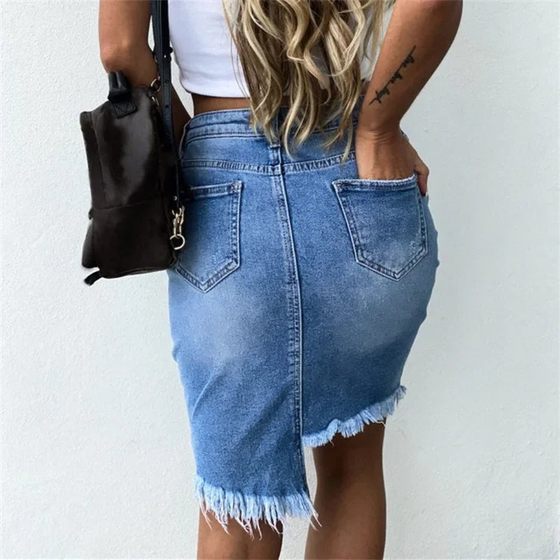 Fashion Irregular Hem Wrap Hip Skirt 2024 Summer Slim Broken Holes Denim Half-body Dresses Female Comfortable Casual Streetwear  Amaijoin