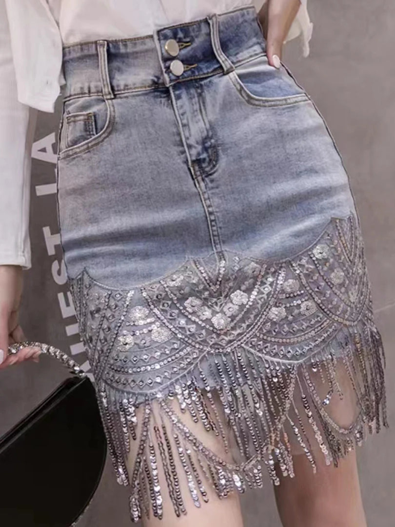 2023 Woman Sleek Sexy Flap Pockets Sequin Fringed Mesh Hem Skinny Denim Skirt  Amaijoin