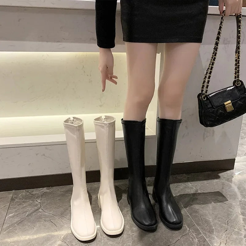 Riding Boots Women Shoes Real Leather Mid Heel Knee-High Boots Square Toe Block Heels Zip Long Boots Autumn Winter 40  Amaijoin