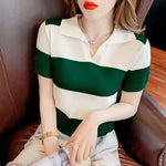 Load image into Gallery viewer, Clothing T-shirt Woman Tops Red Knit Polo Neck Shirts for Women Green Striped Short Sleeve Tee V Cute Youth High Quality Cotton  Amaijoin
