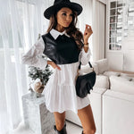 Load image into Gallery viewer, Casual Long Sleeve Mini Shirt Dress For Women White 2024 Spring PU Leather Patchwork Plaid Woman Dresses Clothing Femme Robe  Amaijoin
