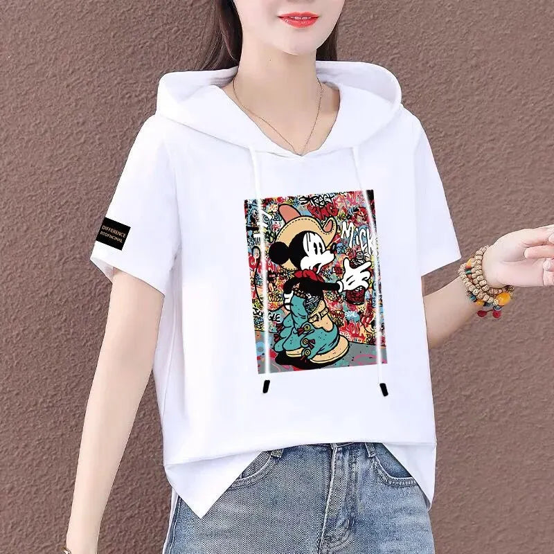 Short Sleeve Summer Thin White T-shirt Women Casual Fashion Top Loose Style Polyester Fabric Cartoon Design  Amaijoin