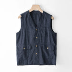 Load image into Gallery viewer, Japan Style Harajuku Men 100% Linen Vest Thin Simple Casual Loose Tops High Quality Yarn-Dyed Multi-Pockets Sleeveless Waistcoat  Amaijoin
