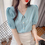 Load image into Gallery viewer, Sweet Peter Pan Collar Puff Sleeve Button Oversized Beading Blouse Summer Casual Tops Elegant Female Clothing Commute Shirt  Amaijoin
