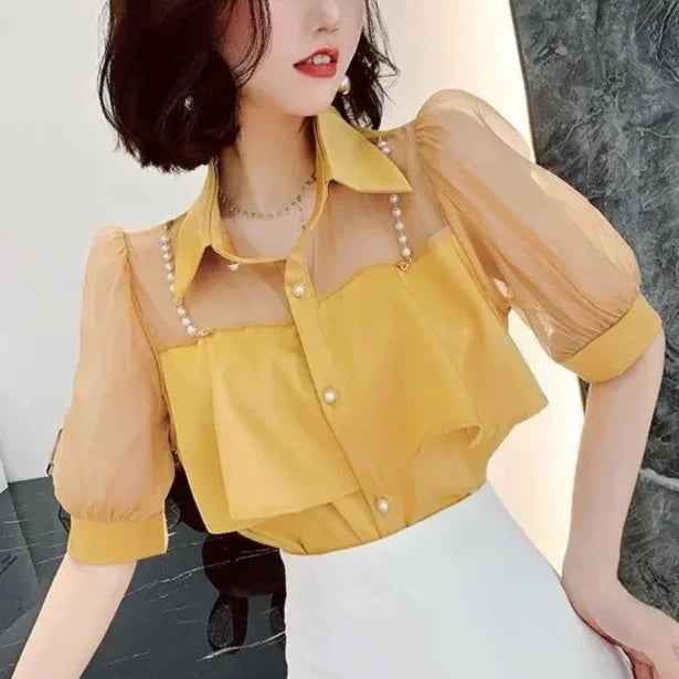 Button Up Womens Shirt & Blouse White Clothes Chiffon Black Tops for Women Short Sleeve Yellow Tunic 2024 Luxury Designer Cool S  Amaijoin