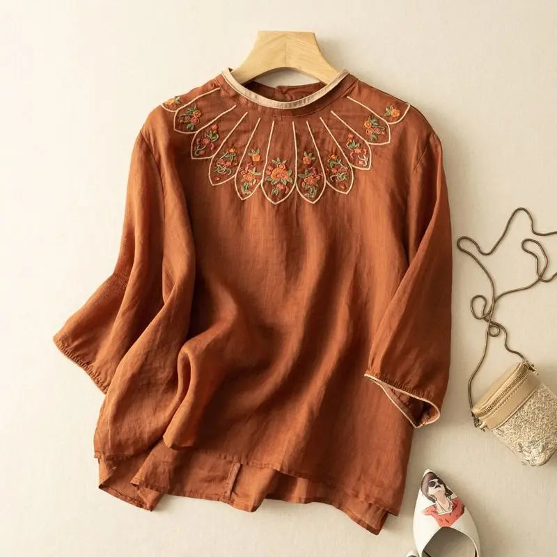 Folk Cotton Linen Women's Round Neck Art Retro Embroided Striped Solid Color Loose Pullover Three Quarter Shirts Summer New Tops  Amaijoin